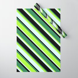 [ Thumbnail: Sea Green, Light Green, Light Cyan & Black Colored Stripes/Lines Pattern Wrapping Paper ]