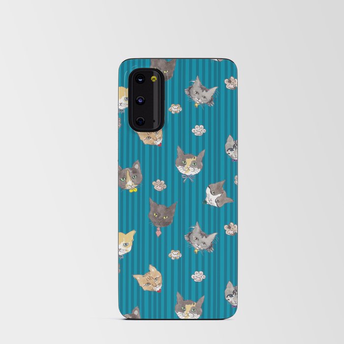 Cats with Paws Pattern/Hand-drawn in Watercolour/Blue Stripe Background Android Card Case