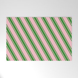 [ Thumbnail: Pink and Forest Green Colored Pattern of Stripes Welcome Mat ]