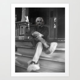 Funny Einstein in Fuzzy Slippers Classic Black and White Satirical Photography - Photographs Art Print