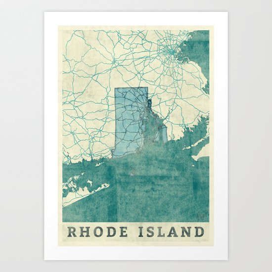 Rhode Island State Map Blue Vintage Art Print