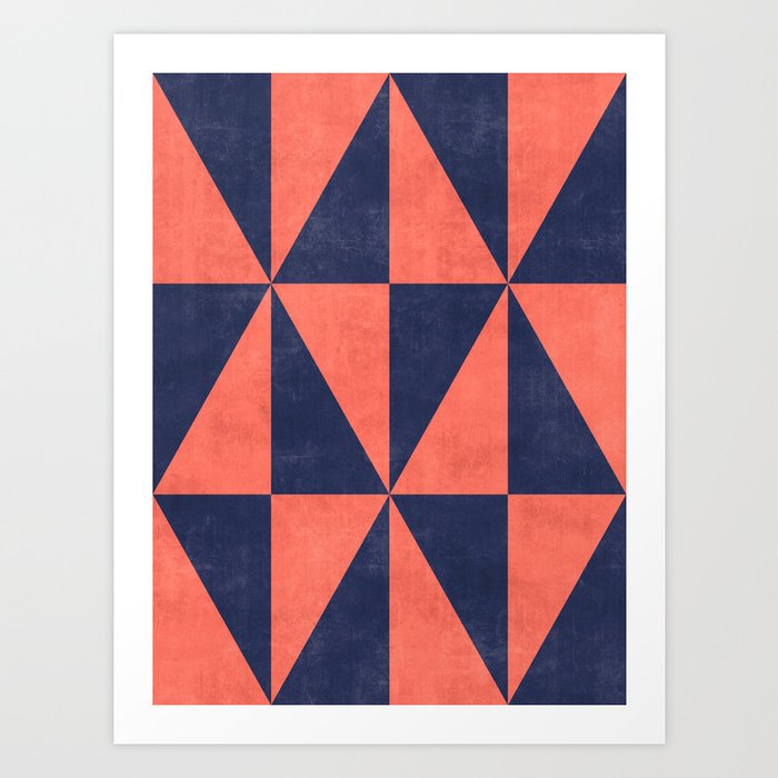 Geometric Triangle Pattern - Coral, Blue Art Print