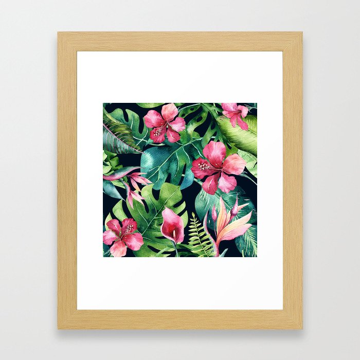 Dark Tropical Hibiscus & Leaves Framed Art Print