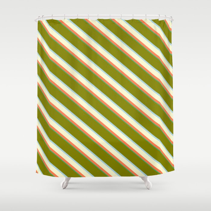 Vibrant Green, Light Blue, Light Yellow, Coral & Sea Green Colored Lines/Stripes Pattern Shower Curtain
