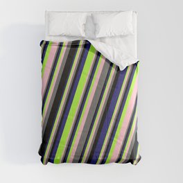 [ Thumbnail: Eye-catching Midnight Blue, Light Green, Pink, Dim Grey, and Black Colored Striped Pattern Comforter ]