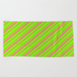 [ Thumbnail: Green and Light Coral Colored Striped Pattern Beach Towel ]