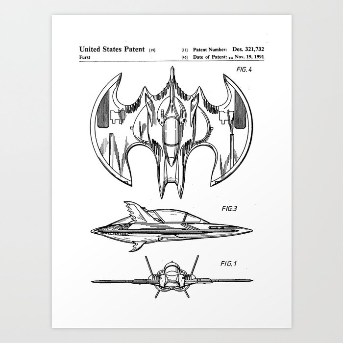 Batwing Patent - Bat Wing Art - Black And White Art Print