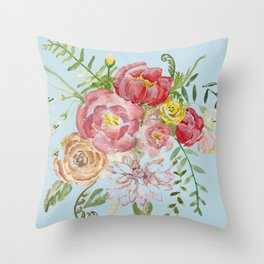 Bouquet of Watercolor on Blue Background Throw Pillow