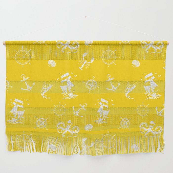 Yellow And White Silhouettes Of Vintage Nautical Pattern Wall Hanging