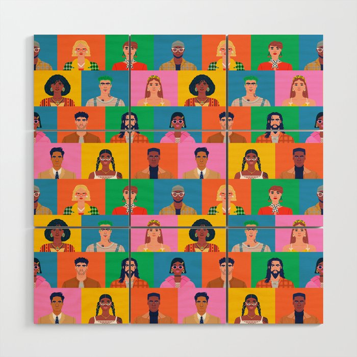 Crowd of diverse people cartoon character group seamless pattern Wood Wall Art
