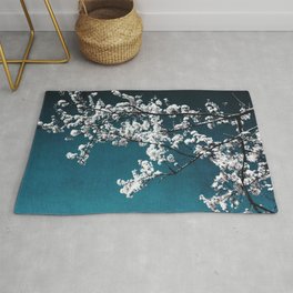 White Blossoms Tree Print - Flowers in Teal - Elegant Floral -  Japanese Nature photography Rug
