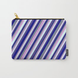 [ Thumbnail: Slate Gray, Plum, Light Cyan, Dark Slate Blue, and Dark Blue Colored Lined/Striped Pattern Carry-All Pouch ]