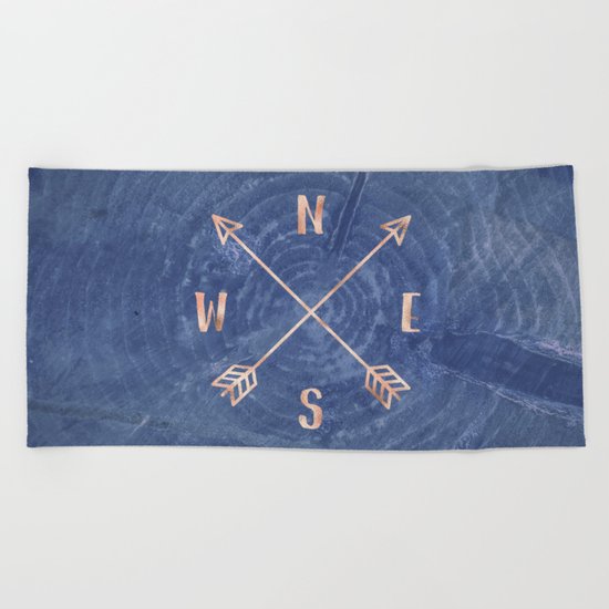 Rosegold and Blue Compass Beach Towel