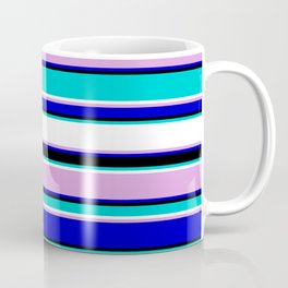 [ Thumbnail: Eye-catching Dark Turquoise, White, Plum, Blue & Black Colored Lined/Striped Pattern Coffee Mug ]