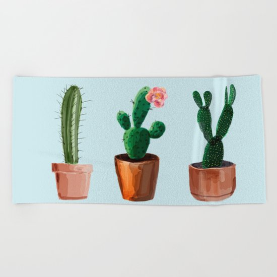 Three Cacti On Light Blue Background Beach Towel