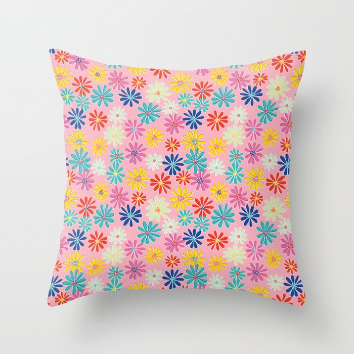 Retro Daisy- Pink Throw Pillow