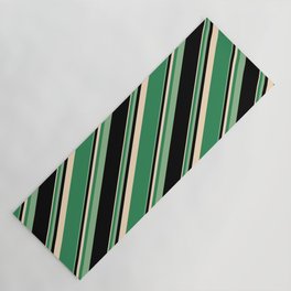 [ Thumbnail: Bisque, Sea Green, Dark Sea Green, and Black Colored Lined Pattern Yoga Mat ]