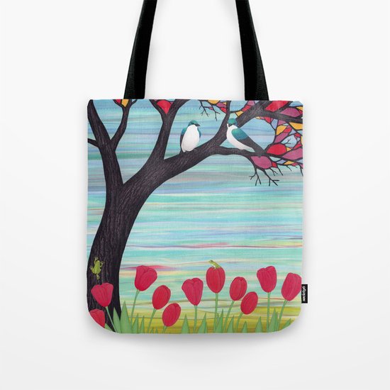 tree swallows in the stained glass tree with tulips and frogs Tote Bag