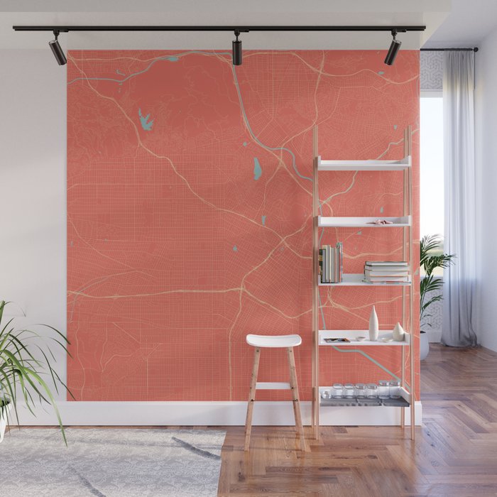 Los Angeles, California City Map in Coral Pink Wall Mural