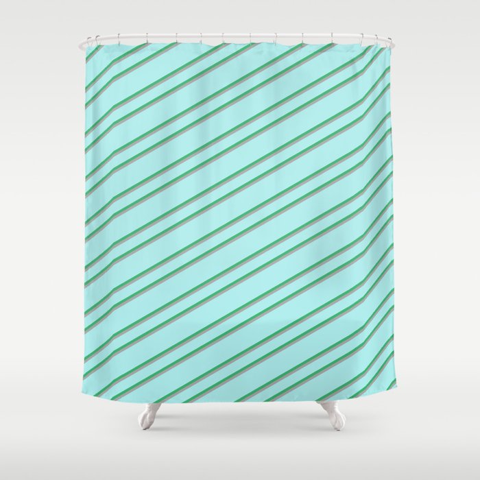Turquoise, Sea Green, and Dark Grey Colored Striped Pattern Shower Curtain