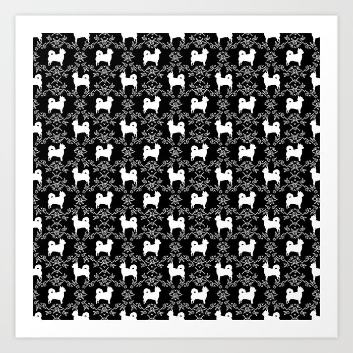 Chihuahua Long Haired Black And White Floral Silhouette Pattern