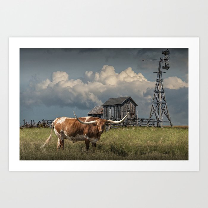 Longhorn Steer in a Prairie pasture by 1880 Town with Windmill and Old Gray Wooden Barn Art Print