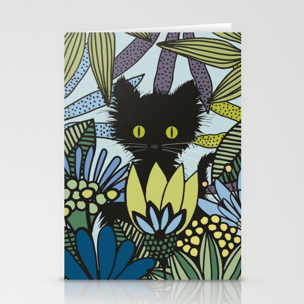 Black Cat in Blue Garden Stationery Cards