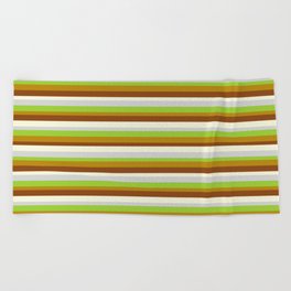 [ Thumbnail: Eyecatching Light Grey, Green, Dark Goldenrod, Brown, and Beige Colored Lined Pattern Beach Towel ]