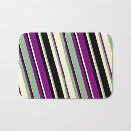 [ Thumbnail: Purple, Dark Sea Green, Light Yellow & Black Colored Lines/Stripes Pattern Bath Mat ]