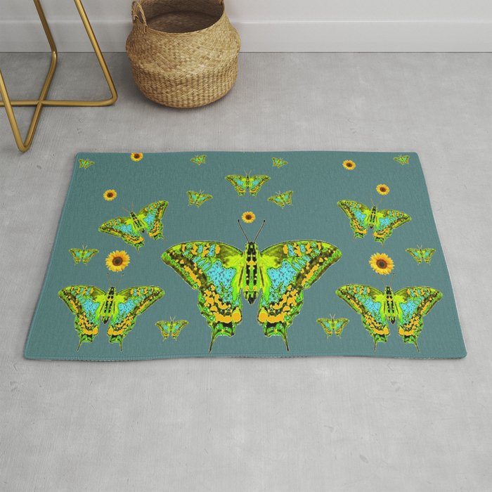 BLUE-GREEN-YELLOW PATTERNED MOTHS YELLOW SUNFLOWERS Rug