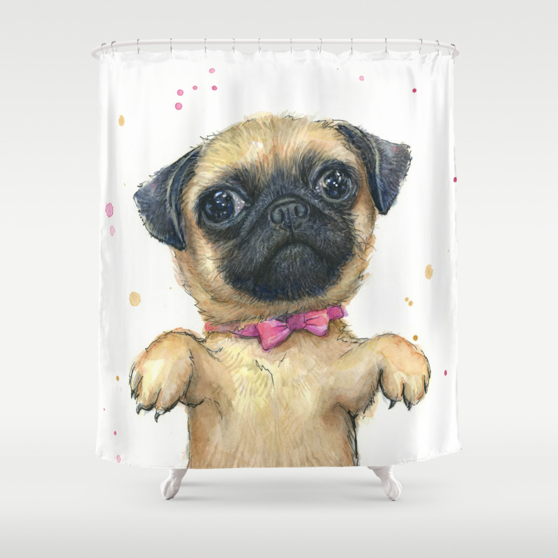 Cute Pug Puppy Dog Watercolor Painting Shower Curtain By Olechka