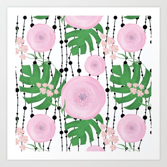Pink flowers on a white background with black beads. Art Print