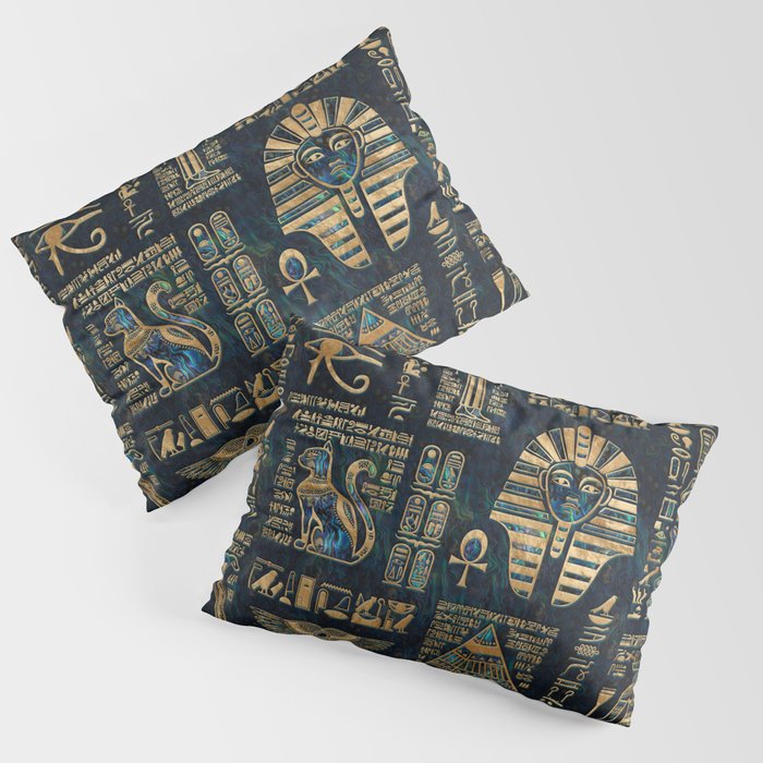 Egyptian hieroglyphs and deities -Abalone and gold Pillow Sham