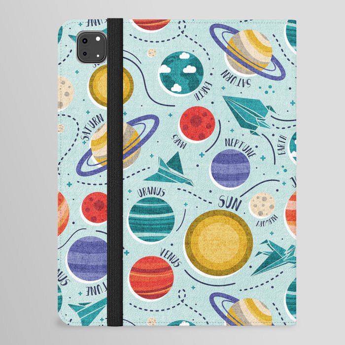 Paper space adventure I // aqua background multicoloured solar system paper cut planets origami paper spaceships and rockets iPad Folio Case