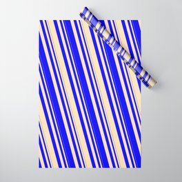 [ Thumbnail: Blue & Beige Colored Striped Pattern Wrapping Paper ]