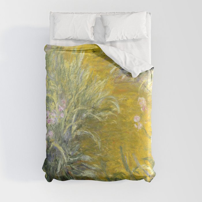The Path through the Irises floral iris landscape painting by Claude Monet in alternate yellow Duvet Cover