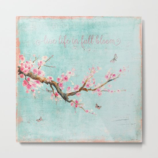 Live life in full bloom - Romantic Spring Cherryblossom butterfly Watercolor illustration on aqua Metal Print