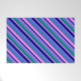 [ Thumbnail: Purple, Royal Blue, Teal, Violet & Blue Colored Stripes/Lines Pattern Welcome Mat ]
