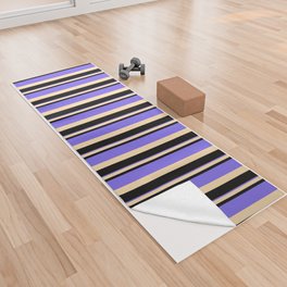 [ Thumbnail: Black, Tan, and Medium Slate Blue Colored Stripes/Lines Pattern Yoga Towel ]