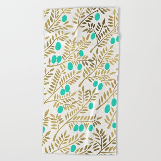 Gold & Turquoise Olive Branches Beach Towel