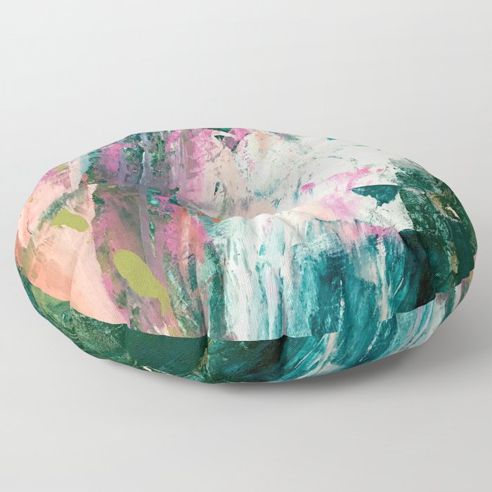 Meditate [2]: a vibrant, colorful abstract piece in bright green, teal, pink, orange, and white Floor Pillow