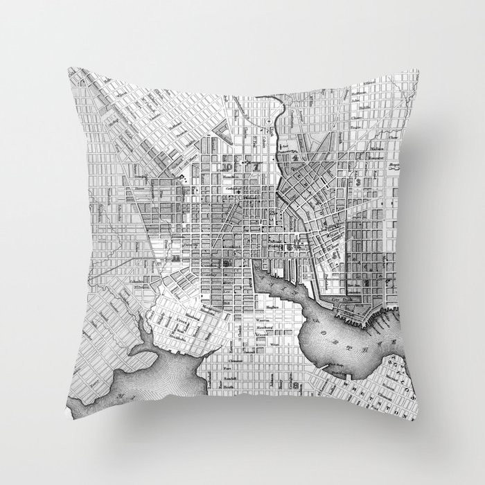 Vintage Map of Baltimore Maryland (1838) BW Throw Pillow