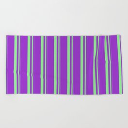 [ Thumbnail: Light Green & Dark Orchid Colored Stripes/Lines Pattern Beach Towel ]