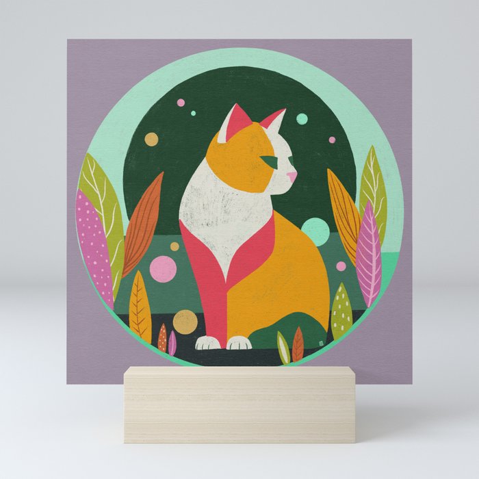 Cat sitting with leaves circle design Mini Art Print