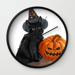Vintage Halloween - Black Cat & scary pumpkin head Wall Clock