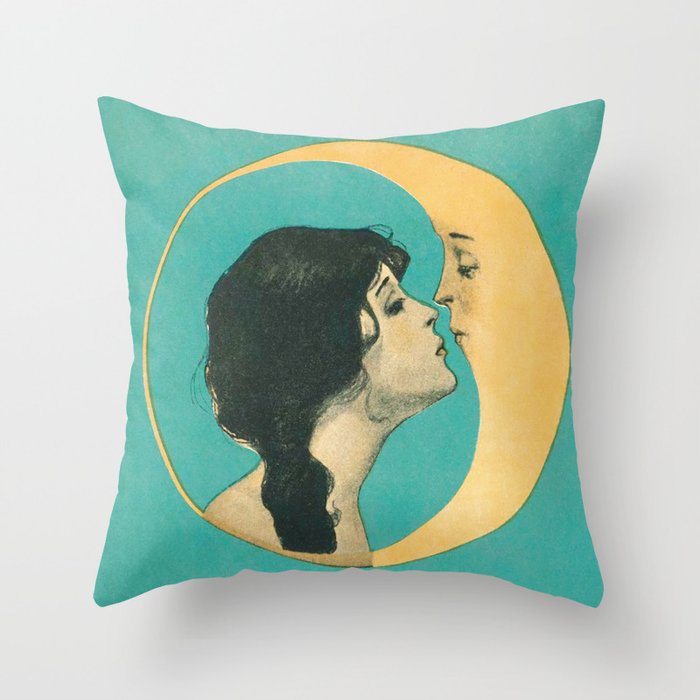 Vintage Woman Kissing the Moon Throw Pillow