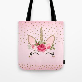 Pink & Gold Cute Floral Unicorn Tote Bag