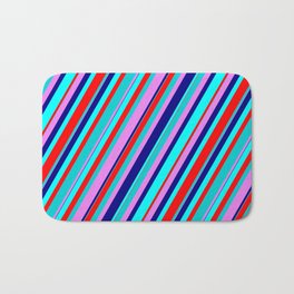 [ Thumbnail: Colorful Aqua, Red, Dark Turquoise, Violet, and Blue Colored Lined Pattern Bath Mat ]