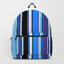 [ Thumbnail: Vibrant Light Sky Blue, Mint Cream, Dark Slate Blue, Blue & Black Colored Lines Pattern Backpack ]