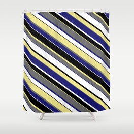 [ Thumbnail: Eye-catching Tan, Dim Gray, Midnight Blue, White, and Black Colored Pattern of Stripes Shower Curtain ]